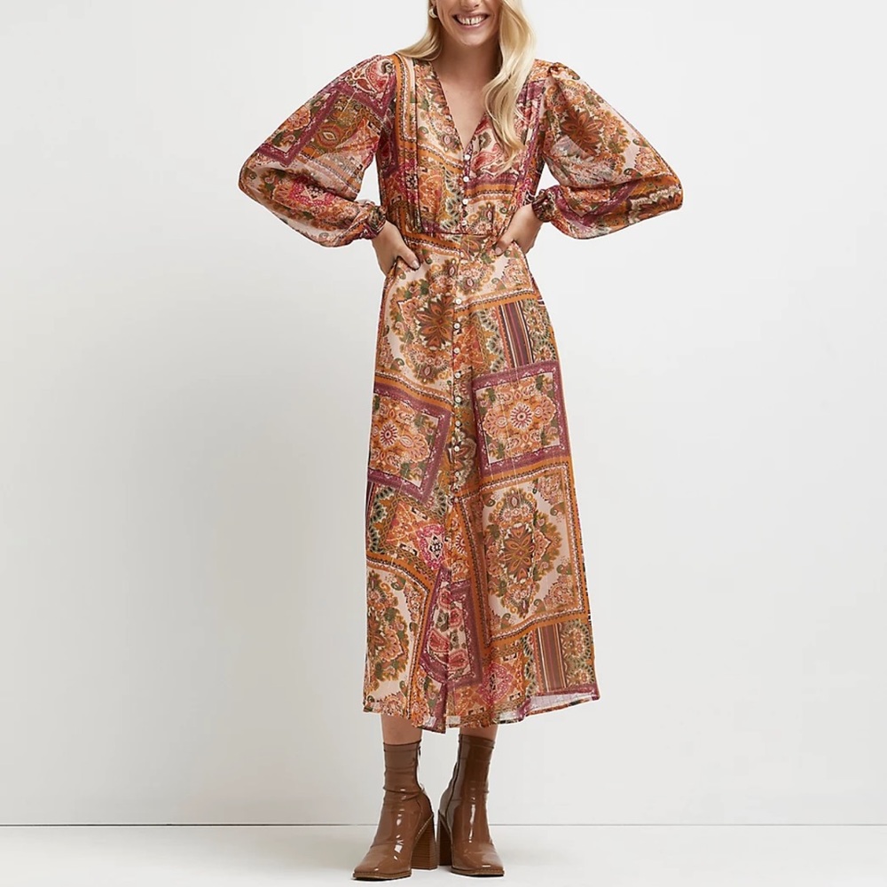 Orange Floral MIDI Dress